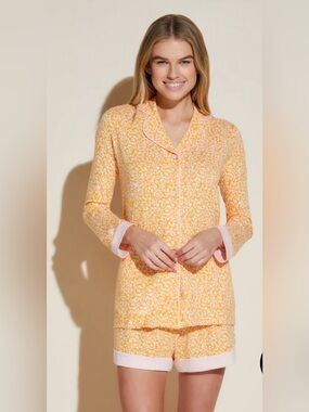 Cosabella Pima Cotton Yellow Floral Button-Front Pajama Set with Pink Trim